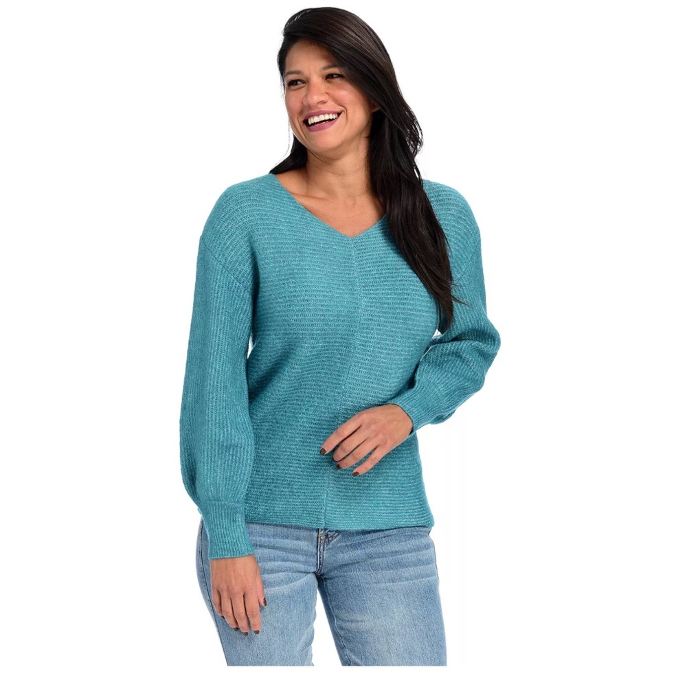 Women’s Theo & Spence Teal Rib Knit Balloon Sleeve V-Neck Sweater